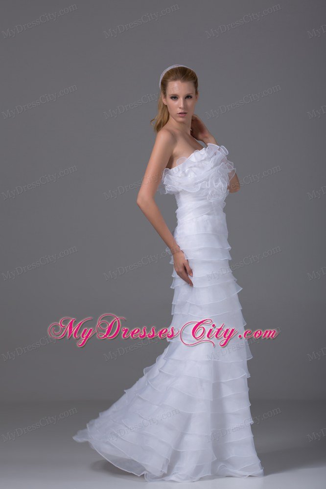 Organza Column Strapless Flowers and Ruffled Layers Bridal Dress