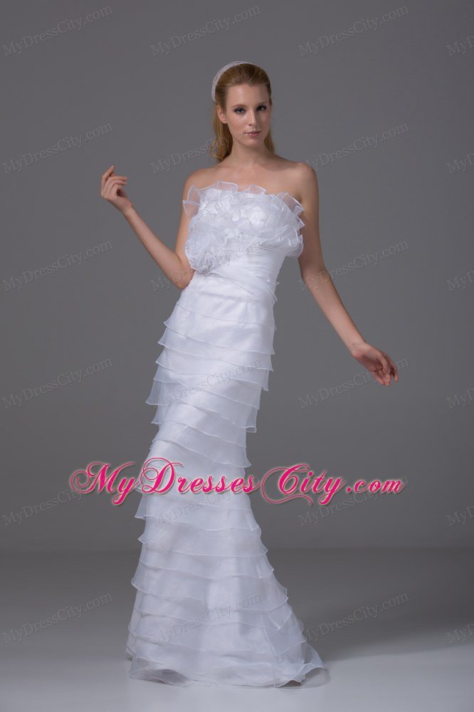 Organza Column Strapless Flowers and Ruffled Layers Bridal Dress