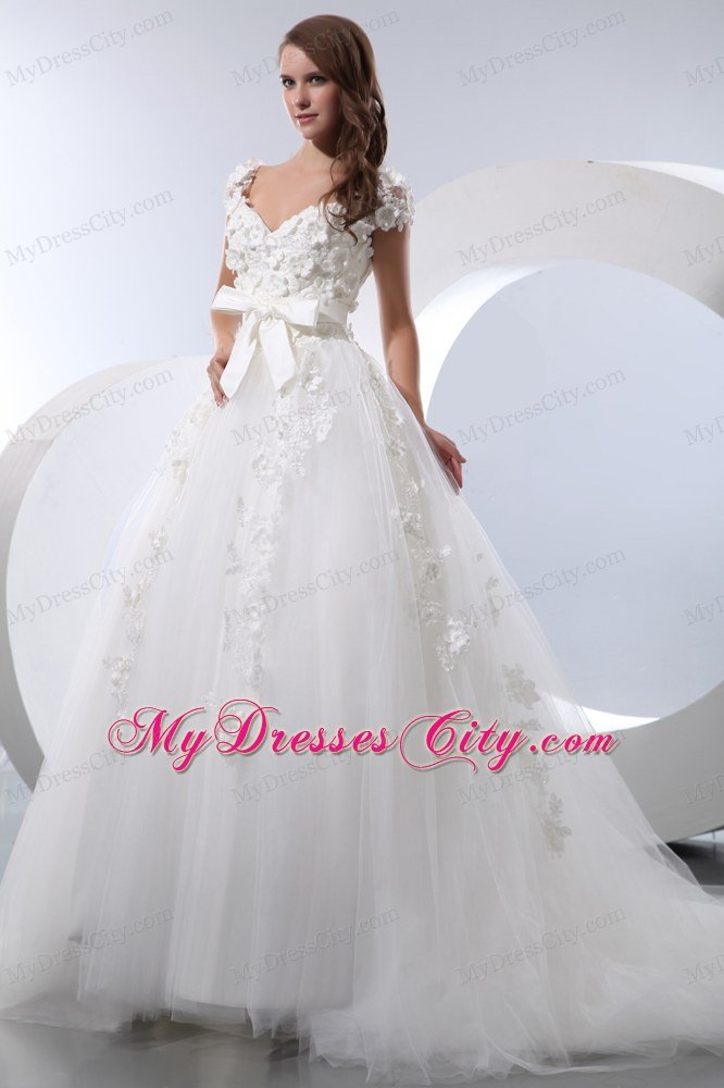 V-neck Taffeta and Tulle Flowers Wedding Dress with Cap Sleeves