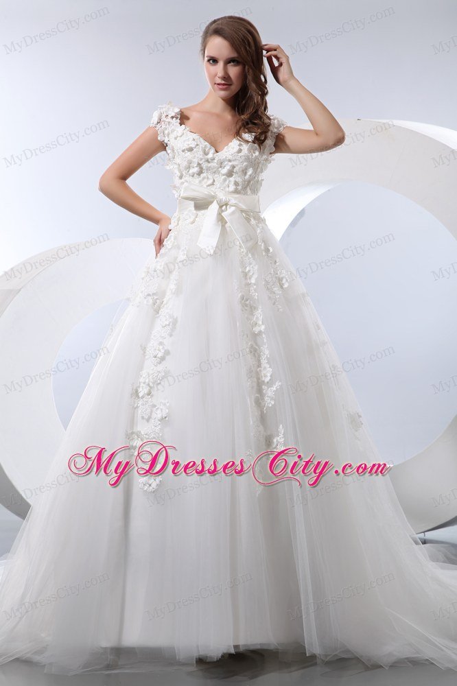 V-neck Taffeta and Tulle Flowers Wedding Dress with Cap Sleeves