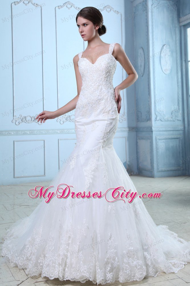 Mermaid Straps Organza and Lace Wedding Dress with Court Train