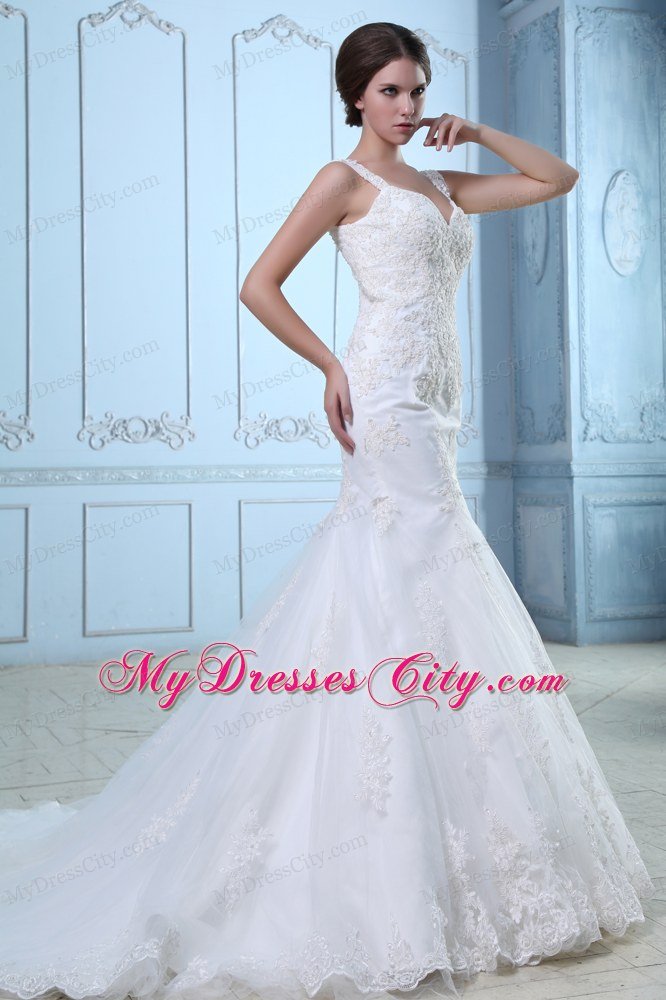 Mermaid Straps Organza and Lace Wedding Dress with Court Train