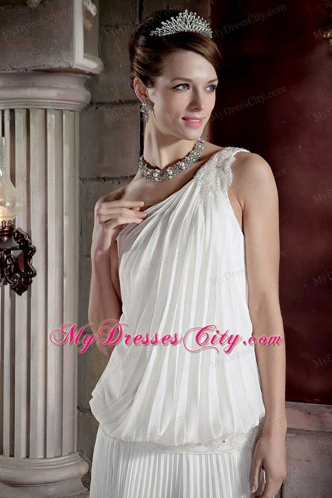Column Beaded Single Shoulder Pleat Court Train Wedding Dress