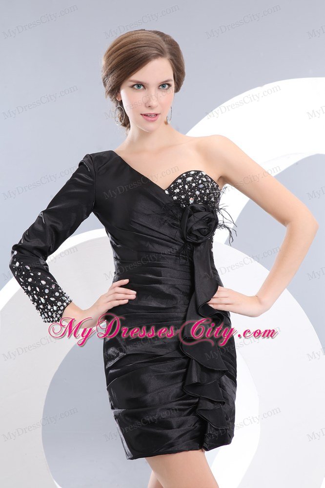 Short Beaded One Long Sleeve Black Party Dress with Flower