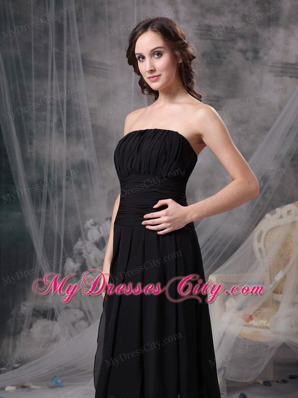 Hot Ruched Strapless Tea-length Black Evening Dresses