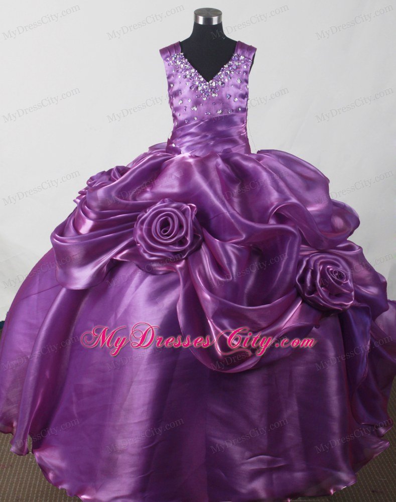 Hand Made Flowers Purple Beaded Straps Girl Pageant Dresses