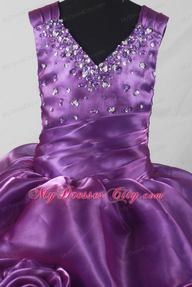 Hand Made Flowers Purple Beaded Straps Girl Pageant Dresses
