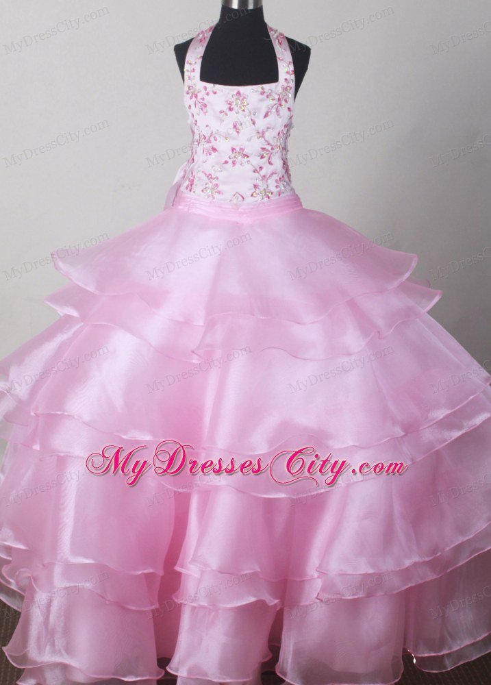 Pink Halter Embroidery Little Girl Pageant Dresses Ruffled 2013