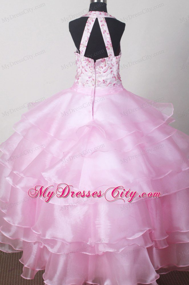 Pink Halter Embroidery Little Girl Pageant Dresses Ruffled 2013