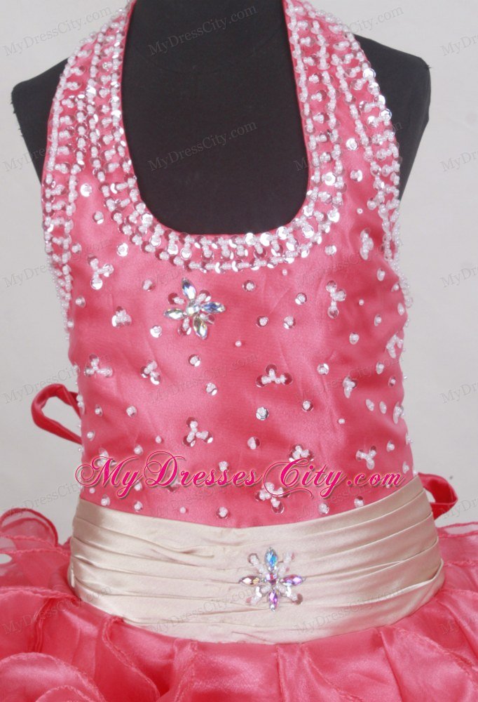 Halter Watermelon Girls Pageant Dress with Beadings and Ruffles