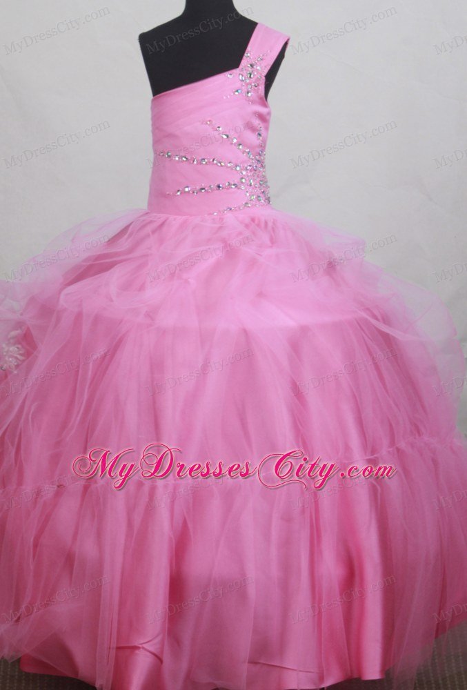 One Shoulder Pink Beaded Little Girl Pageant Dress under 150