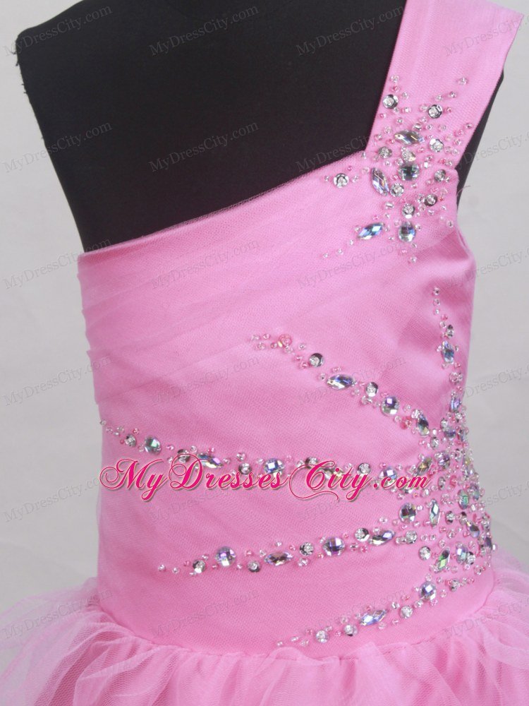 One Shoulder Pink Beaded Little Girl Pageant Dress under 150