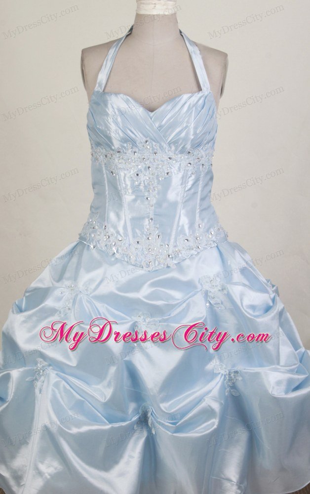 Light Blue Halter Little Girl Pageant Dress in Ball Gown Design