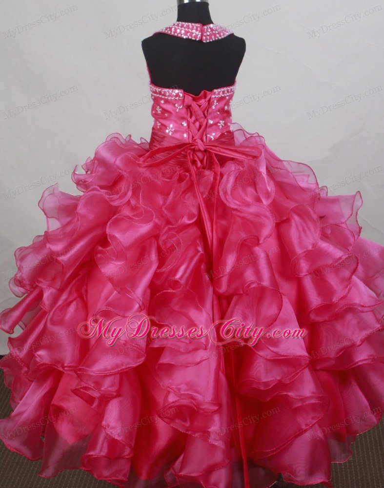 Halter Ruffled Layers Pink Flower Girl Pageant Dress with Beads