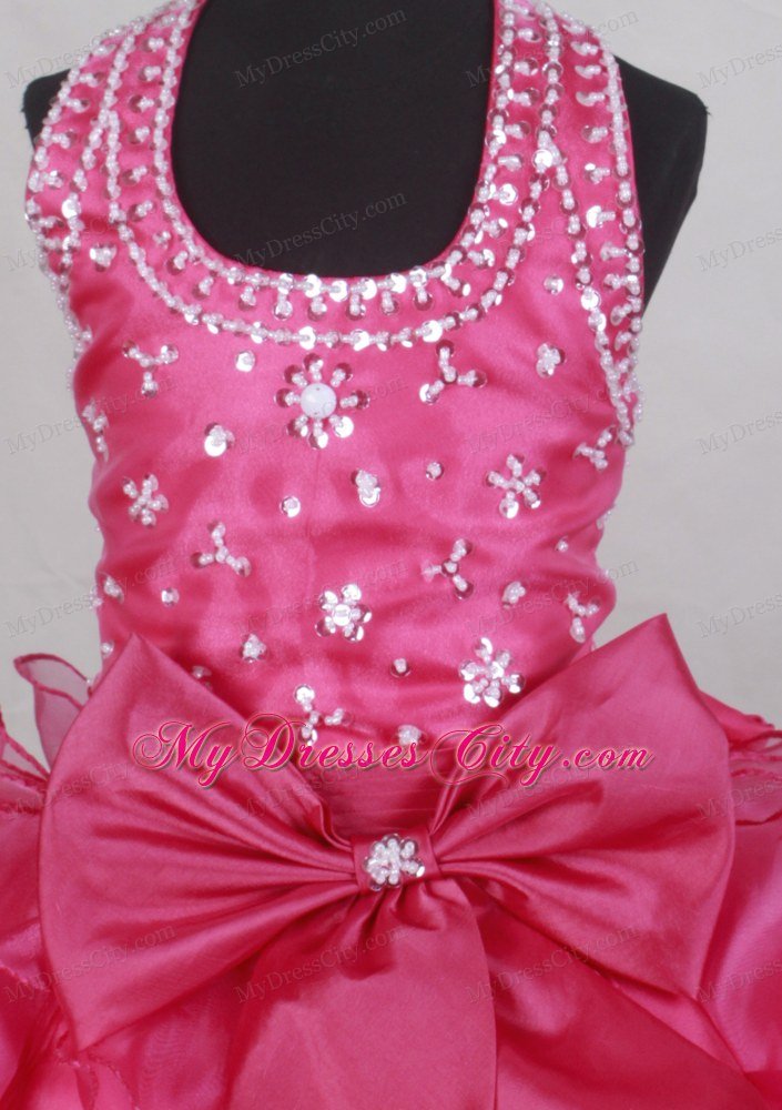 Halter Ruffled Layers Pink Flower Girl Pageant Dress with Beads