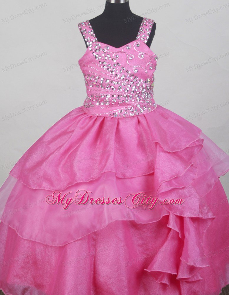Hot Pink Straps Ruffled Layers Infant Pageant Dresses Beaded