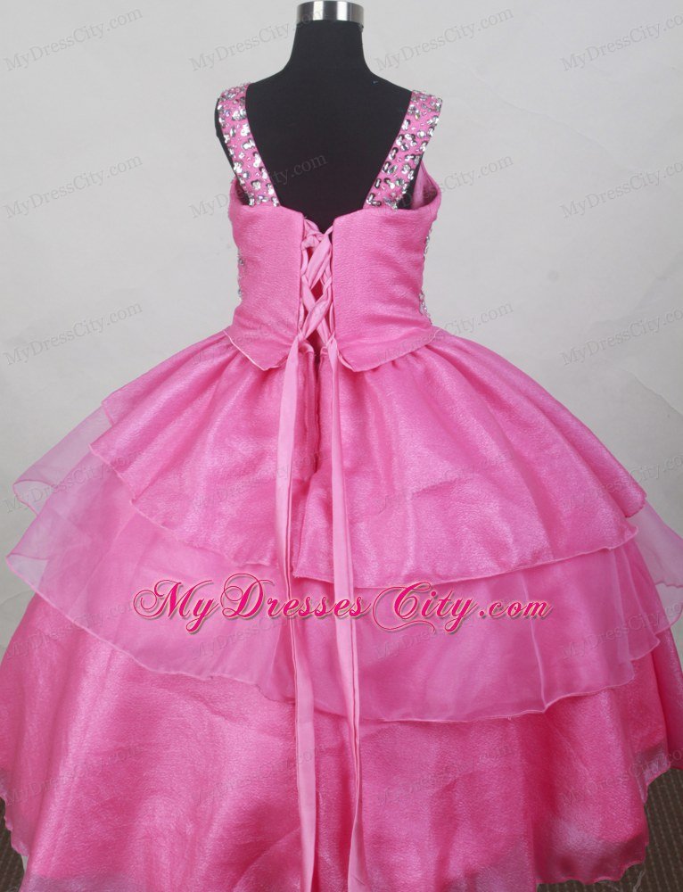 Hot Pink Straps Ruffled Layers Infant Pageant Dresses Beaded