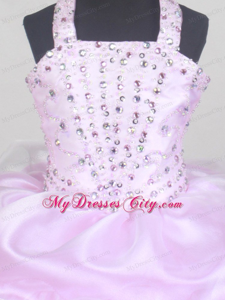 2013 Halter Beaded Baby Pink Flower Girl Pageant Dress Ruffled