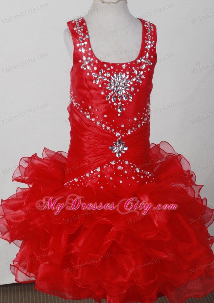Red Pretty Scoop Little Girl Pagaent Dress Beaded with Ruffles