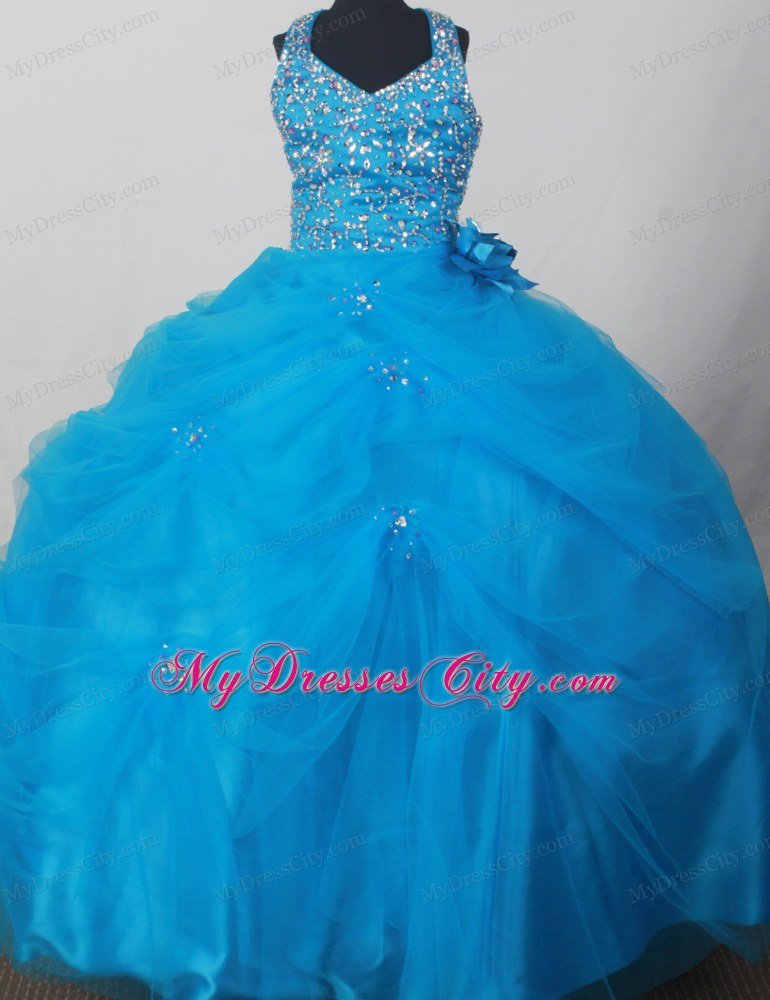 Blue Beaded Halter Flower Girl Pageant Dress with Hand Flowers