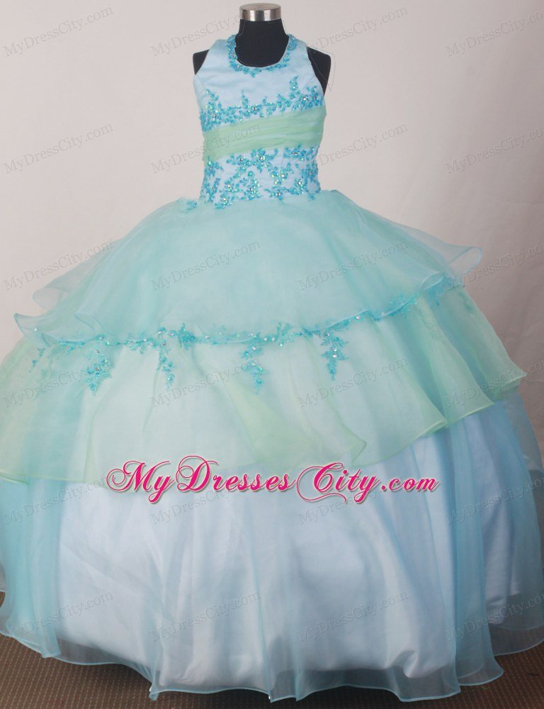 Appliques Halter Two-toned Flower Girl Pageant Dress Layered