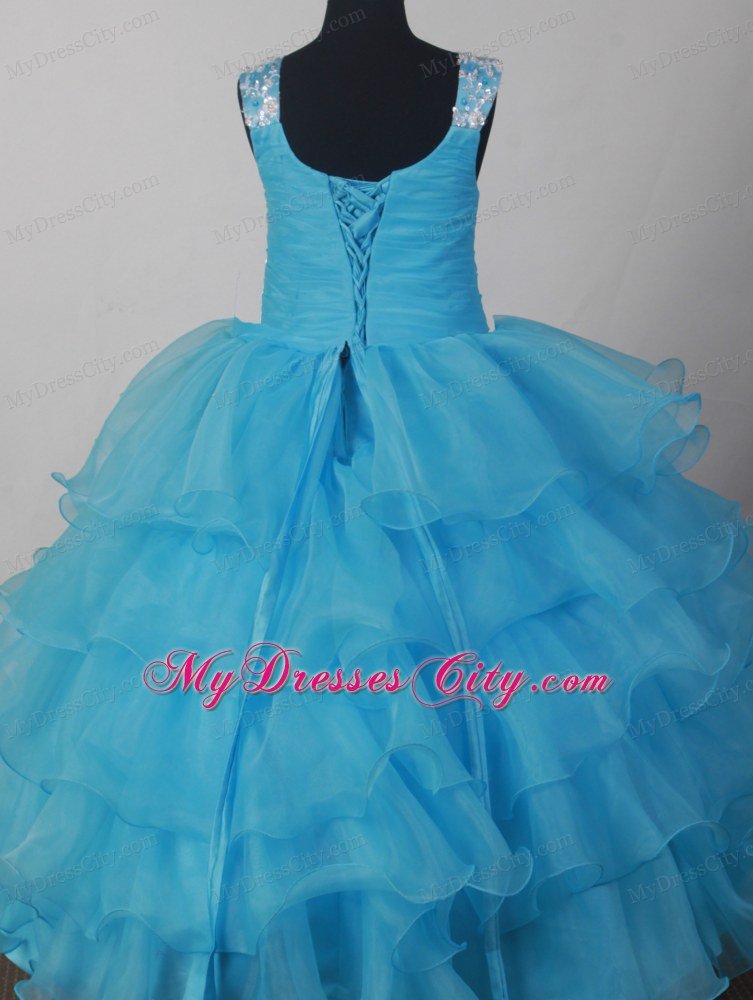 Light Blue Scoop Ruffled little girl Dress with Appliques 2013