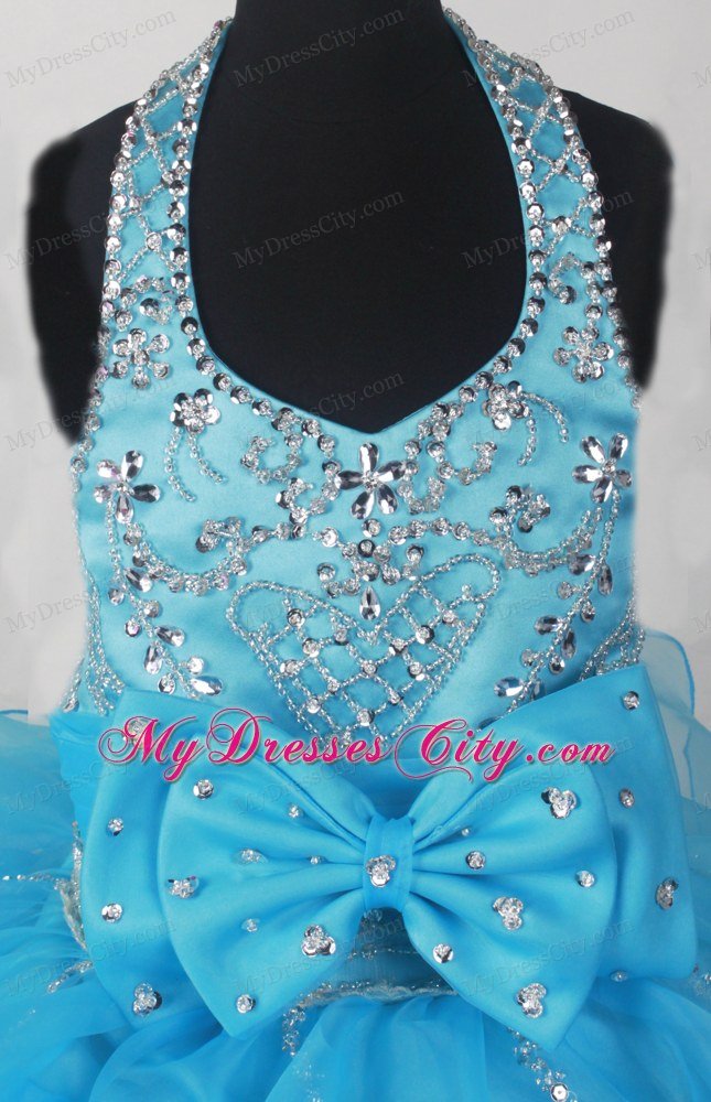 Aqua Blue Halter Beads Rufled Bowknot Little Girl Pageant Dress