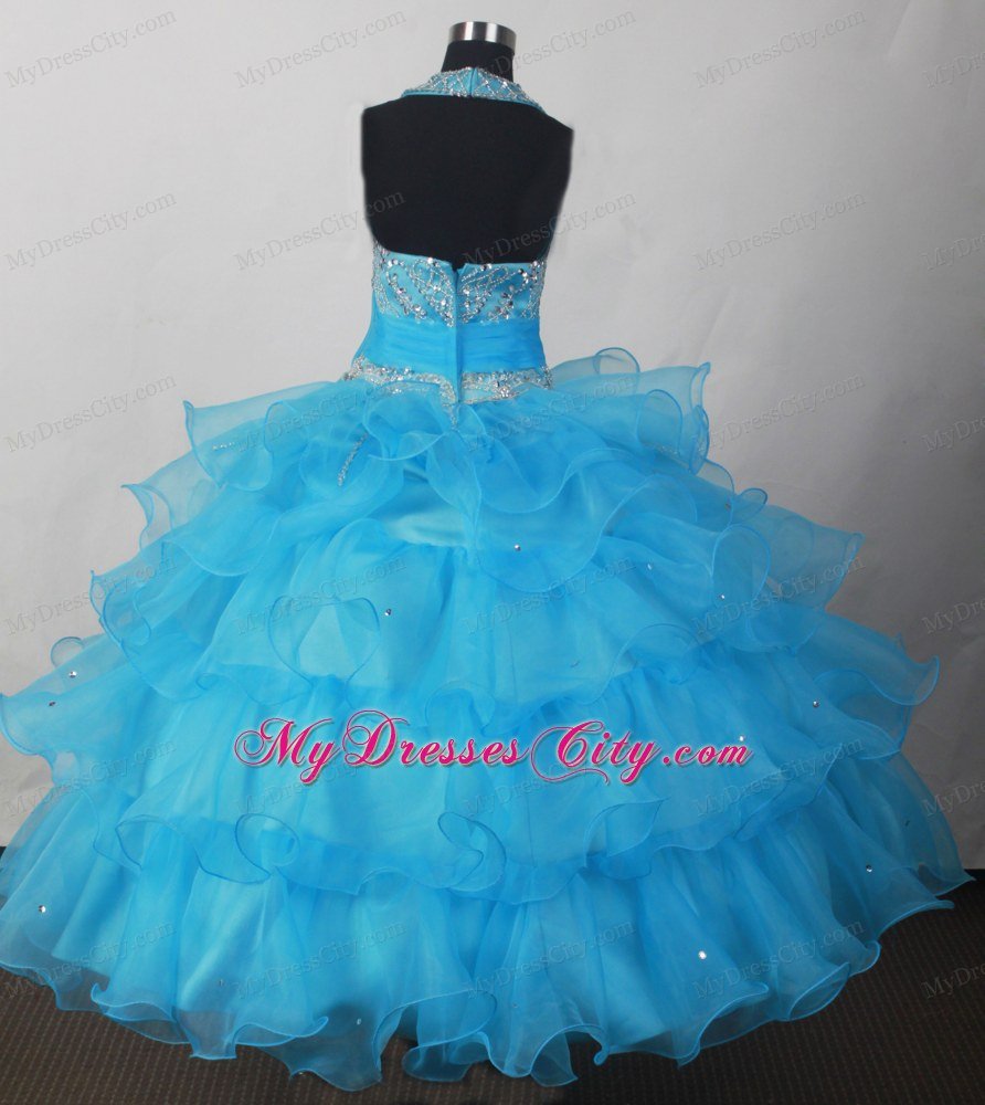 Aqua Blue Halter Beads Rufled Bowknot Little Girl Pageant Dress