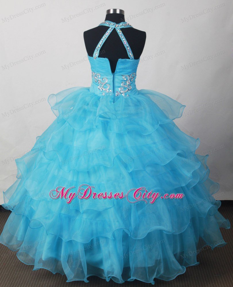 Halter Beading Layers Little Girl Pageant Dresses in Aqua Blue