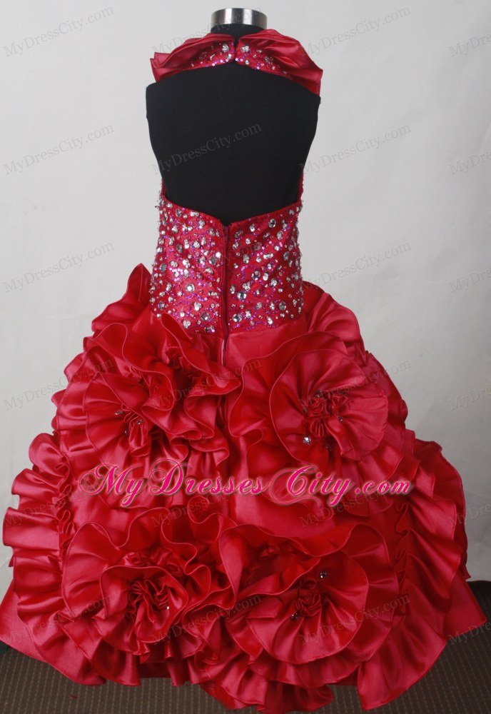Lotus Neckline Little Girl Pageant Dress With Flowers Skirt in Red
