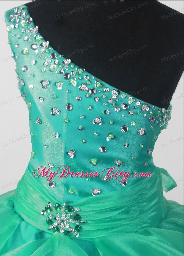 Beaded One shoulder Green Little Girl Dress Embellished Sash