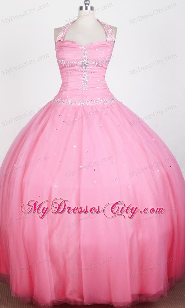 Bead Decorated Ball Gown Halter Hot Pink Little Gril Pageant Dress
