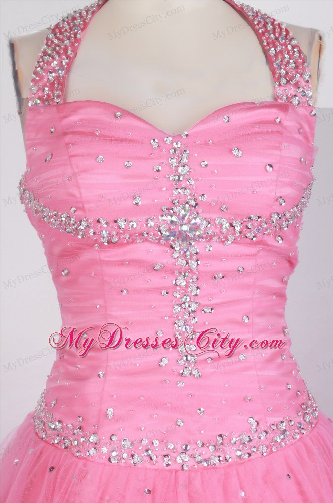 Bead Decorated Ball Gown Halter Hot Pink Little Gril Pageant Dress