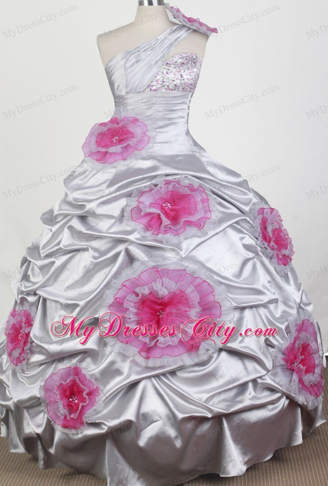 Beading Hand Flowers One Shoulder Pageant Dresses for Kids