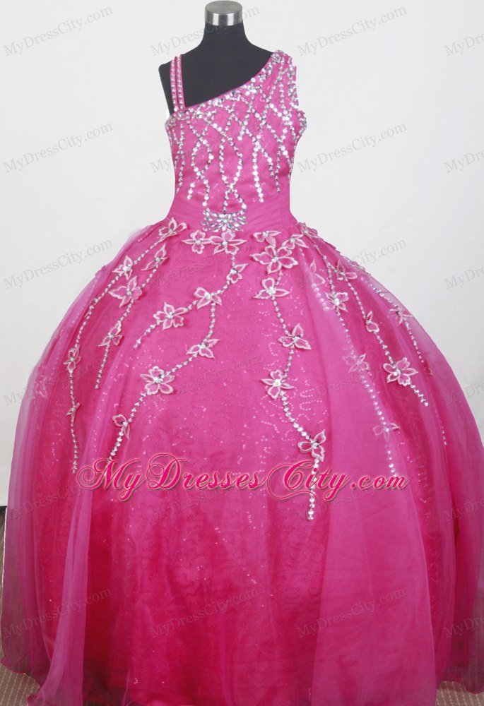 Beading Straps Flowers Little Gril Pageant Dress in Hot Pink