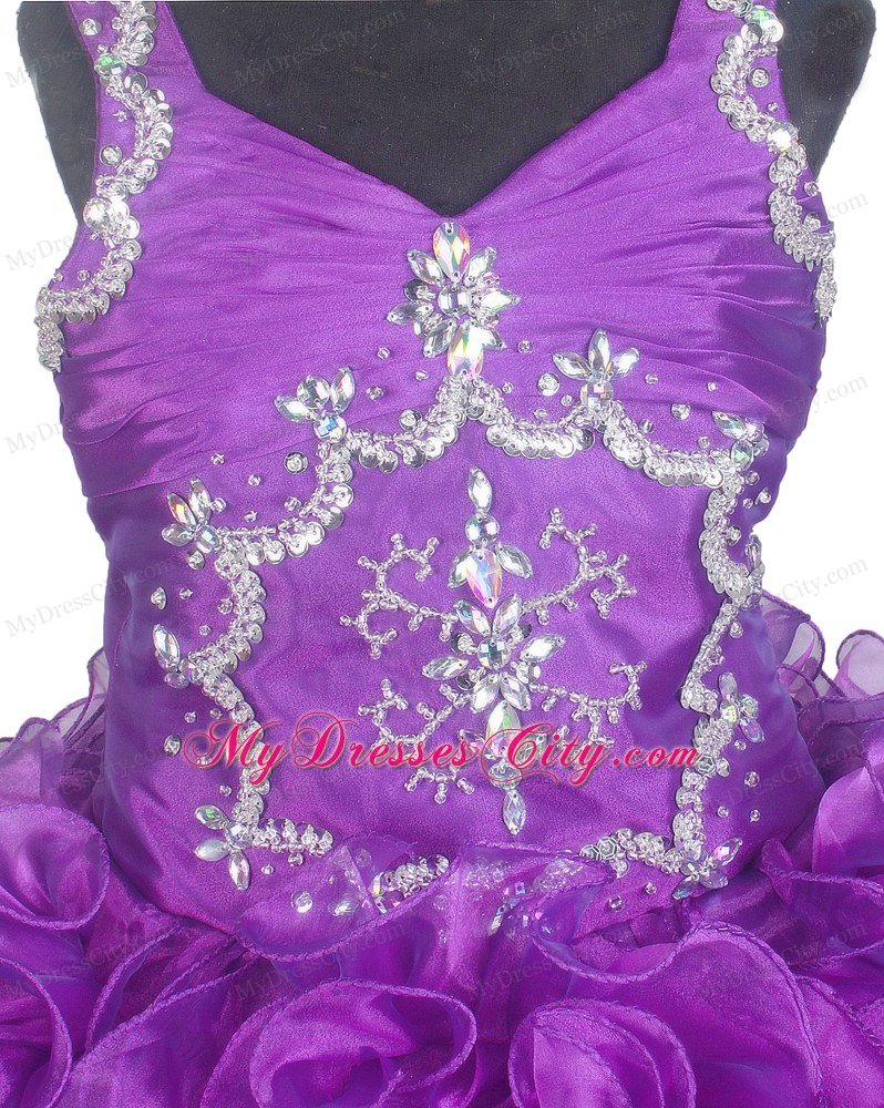 Straps Forming V-neck Little Gril Pageant Dress with Curled Ruffles