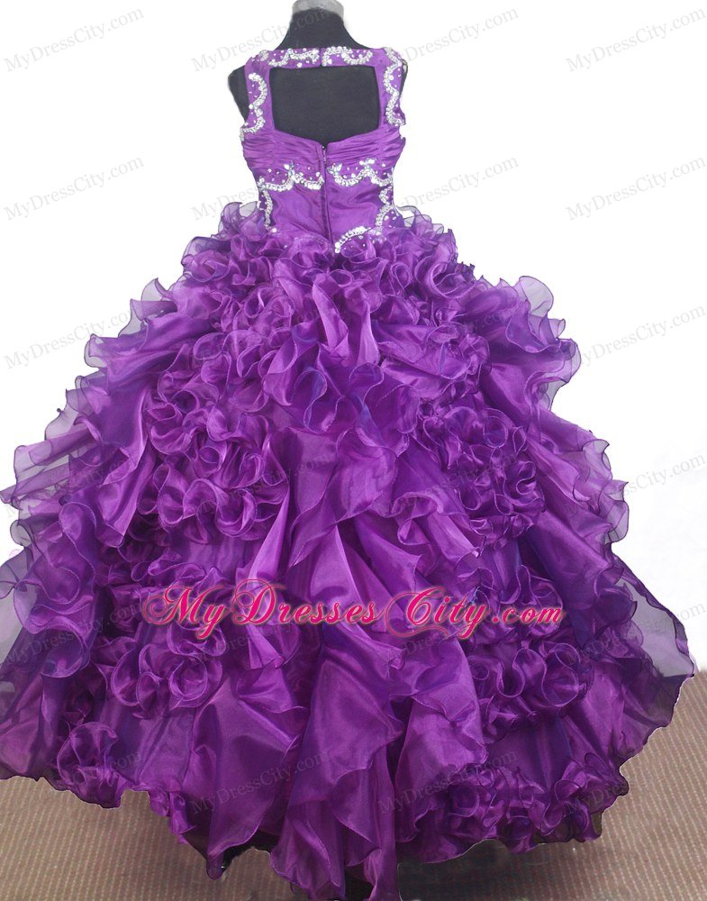 Straps Forming V-neck Little Gril Pageant Dress with Curled Ruffles