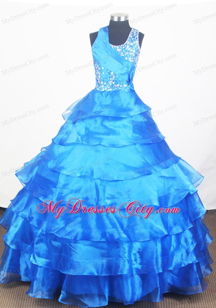 Layered Little Gril Pageant Dress in Blue With Wide Straps