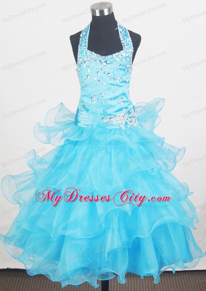 Beaded Halter and Layers Child Pageant Dresses in Aqua Blue