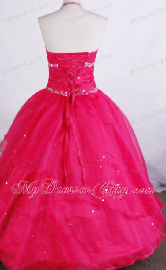 Ball Gown Halter Bead Decorated Flower Girl Pageant Dress