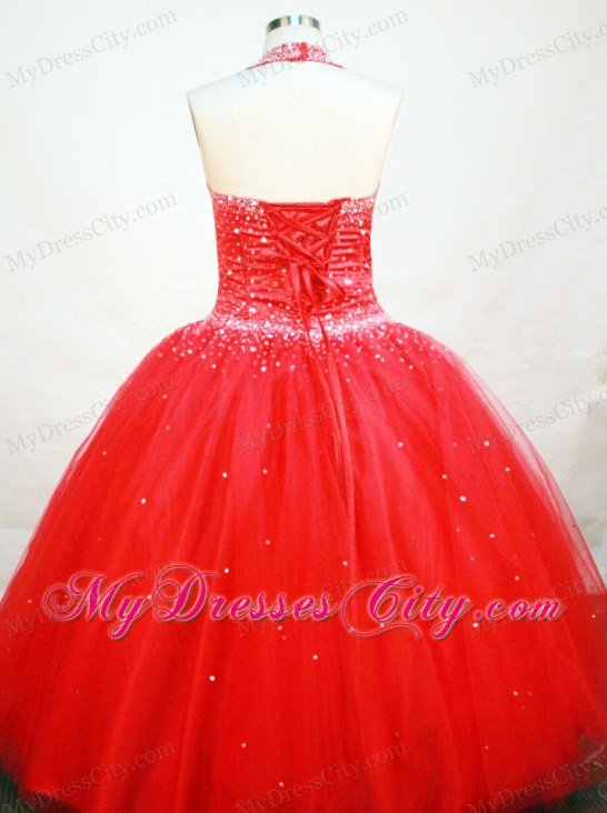 Halter Red Tulle Beaded Decorate Flower Girl Pageant Dress