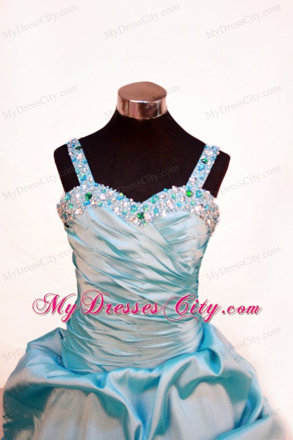 Blue Beaded and Ruche Flower Girl Pageant Dress With Straps