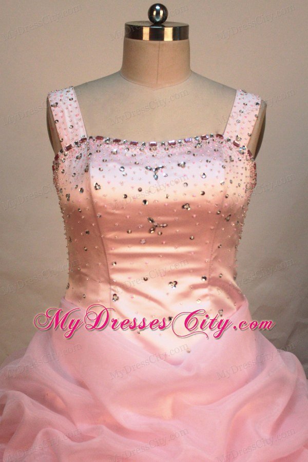 Baby Pink Beaded Organza Flower Girl Pageant Dress With Straps