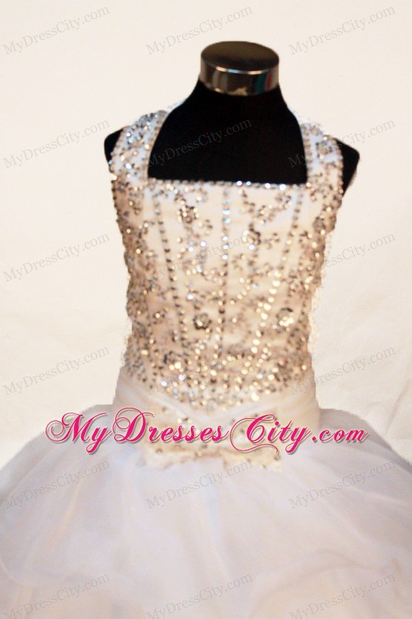 White Halter Flower Girl Pageant Dress With Beaded and Bowknot