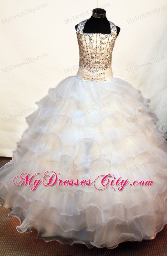 White Halter Flower Girl Pageant Dress With Beaded and Bowknot