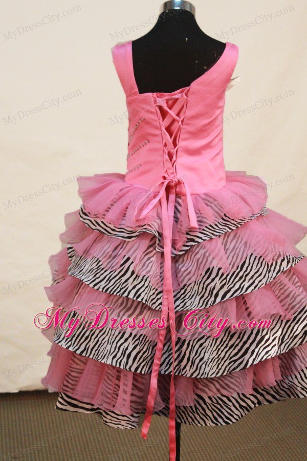 Asymmetrical Neckline Rose Pink Beaded Organza Girl Pageant Dress