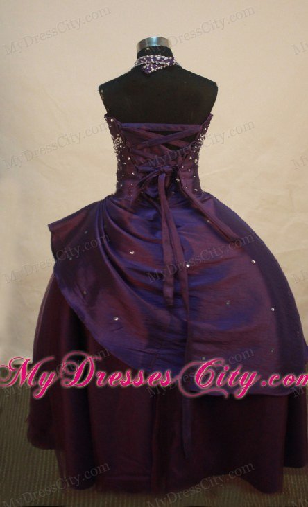 Dark Purple Beaded Halter Top Little Girl Pageant Dress