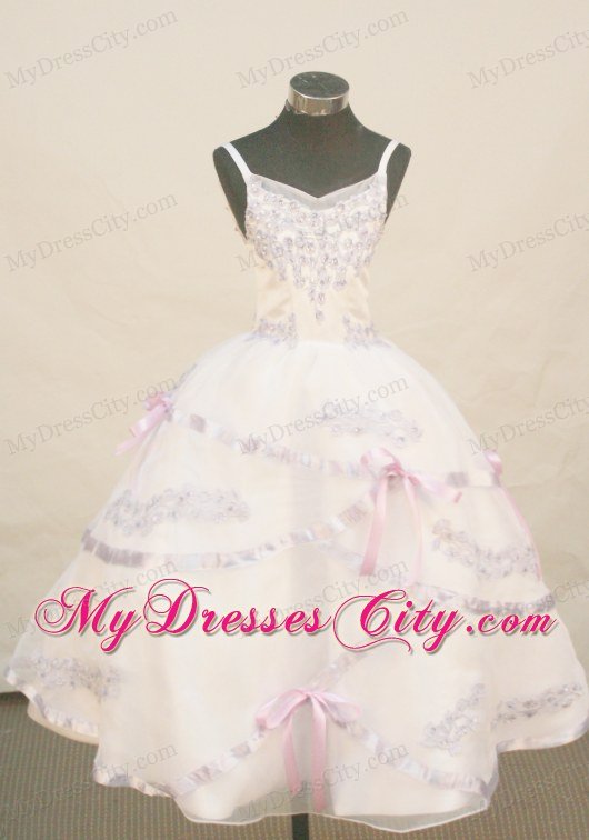 White spaghetti Straps Flower Girl Pageant Dress With Appliques
