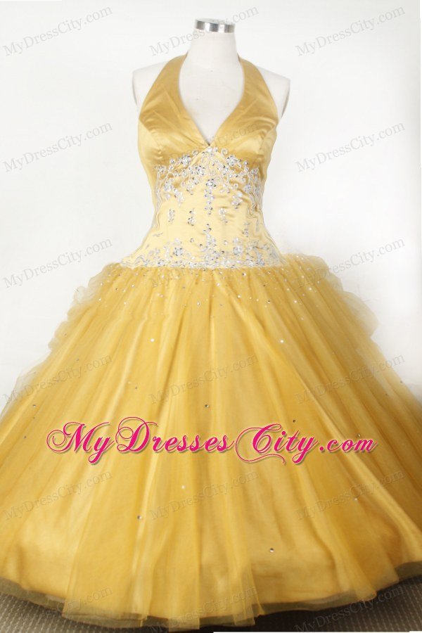 Appliques and Beading Gold Halter Girl Pageant Dresses
