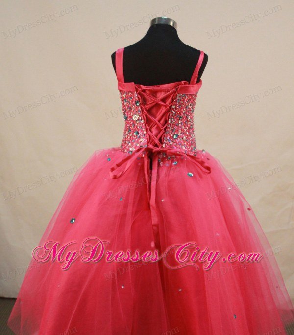 Coral Red Straps Little Girl Pageant Dresses With Beading